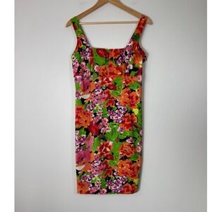 Tropical Floral Scarlett Women Size 10 Sheath Dress Multicolor Square Neck Pleat